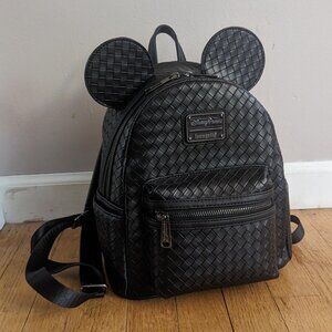 Disney Parks Loungefly Mickey Mouse Black Woven Mini Backpack EUC